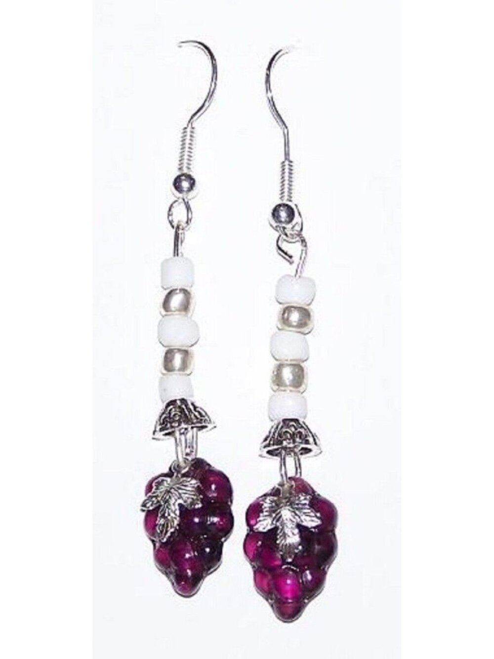 Earrings Small Purple Glass Grape Cluster White and Silver Bead Sterling Wire 2"